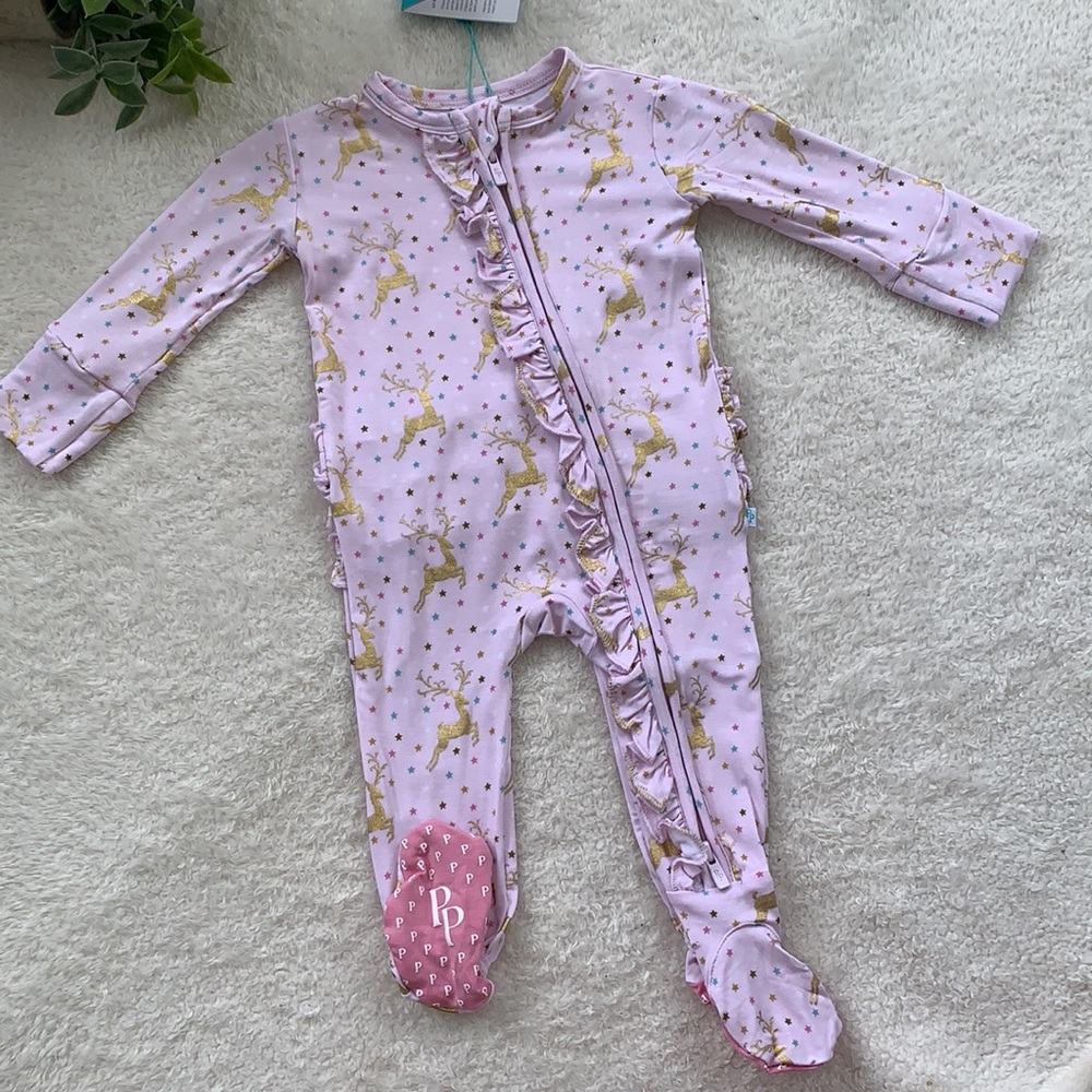 NWT Posh Peanut Ryleigh Reindeer Bamboo Footie Pink 0-3M Holiday